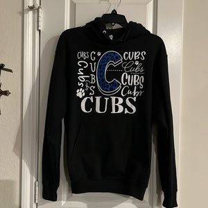 Women’s “Cubs” logo hooded sweatshirt. Black background w/ Blue accents. Size M